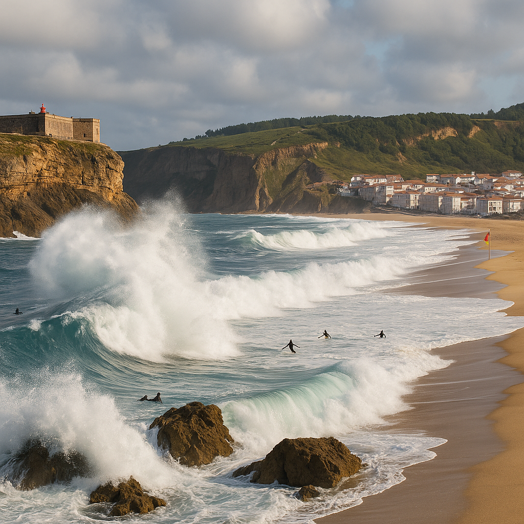 Vue panoramique de la plage de Nazaré avec le fort de São Miguel Arcanjo, surfeurs dans les vagues et paysages côtiers.