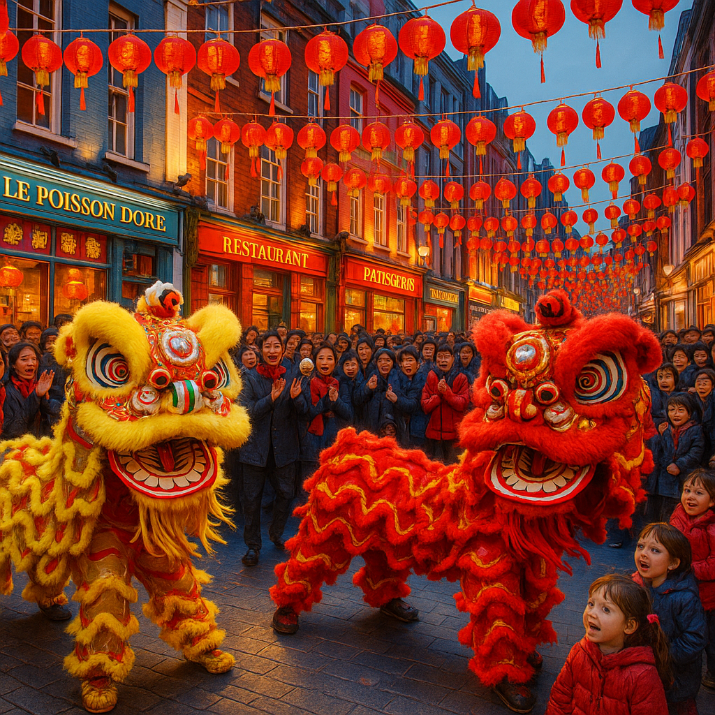Célébration du Nouvel An Lunaire à Chinatown à Londres avec des danseurs de lion et une ambiance festive.