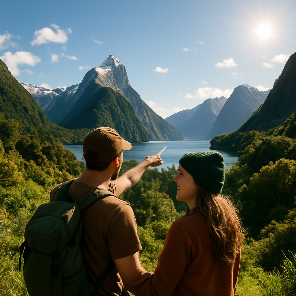Couple contemplant un paysage montagneux en Nouvelle-Zélande, heureux et complices.