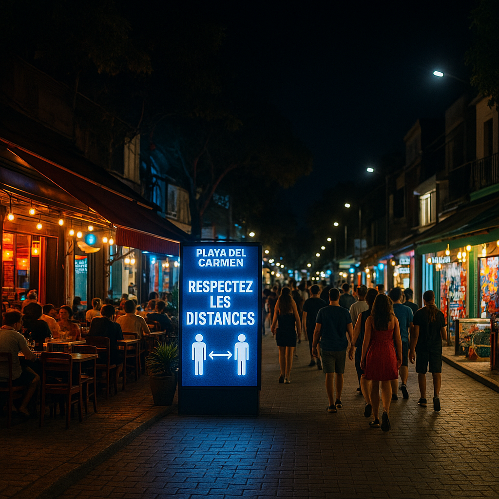 Vue nocturne de Playa del Carmen avec des lumières de restaurants et des groupes de personnes marchant en toute sécurité.