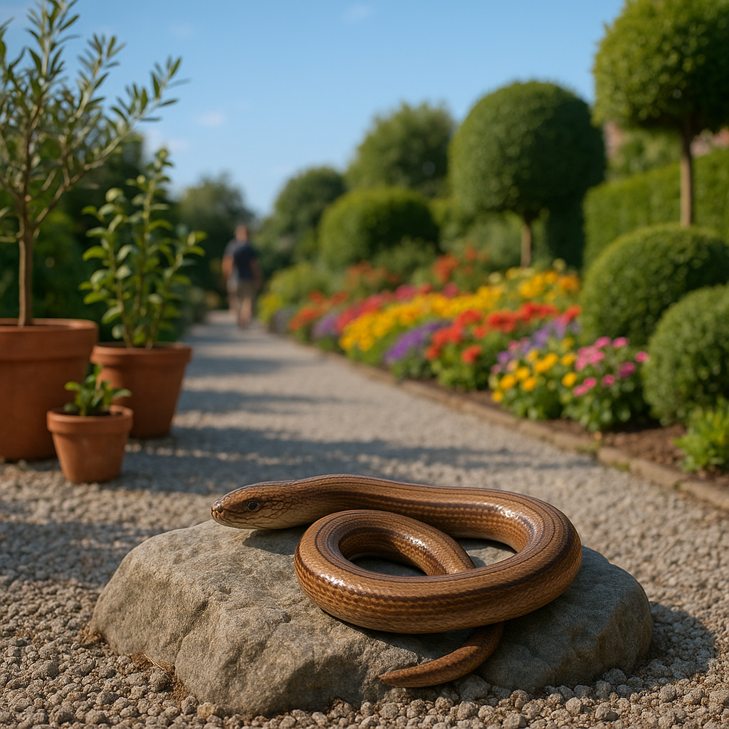 Un orvet enroulé autour d'une pierre dans un jardin urbain paisible.