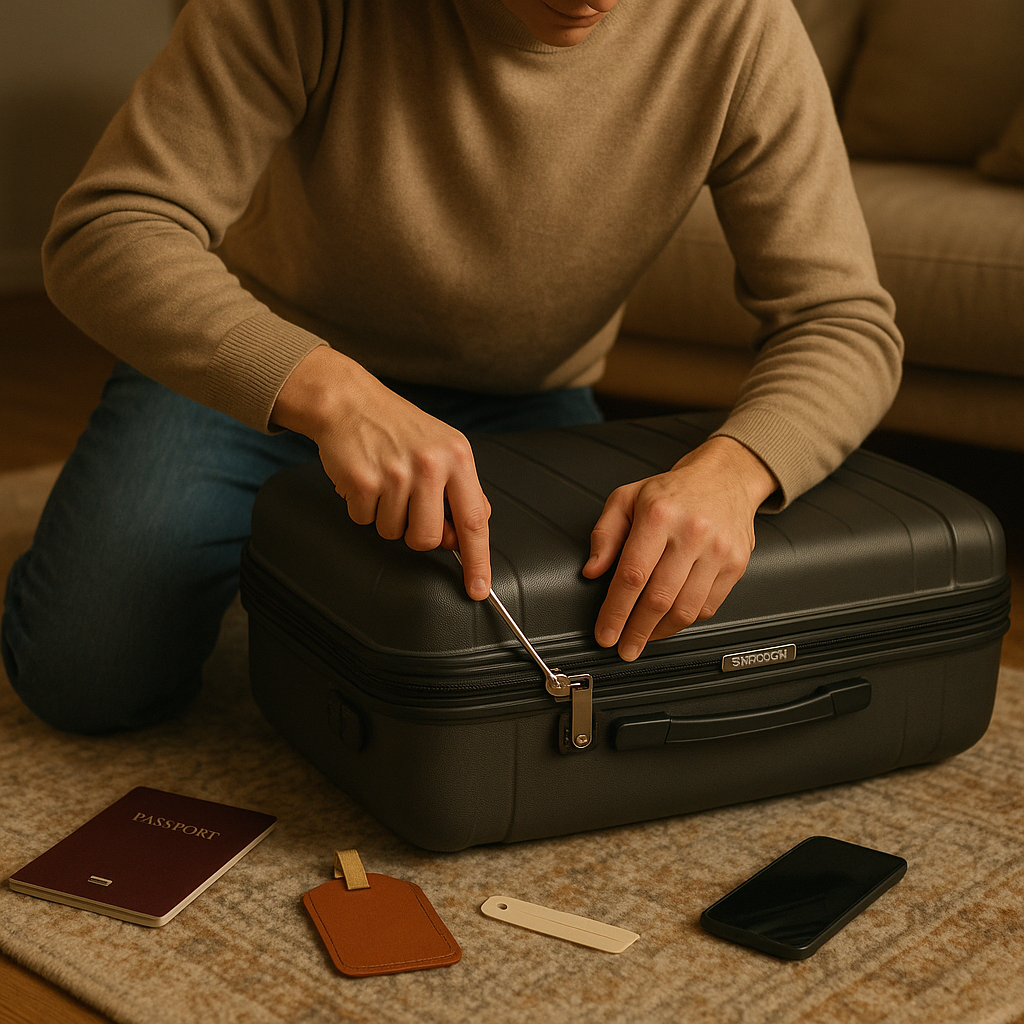 Personne essayant d'ouvrir une valise Samsonite