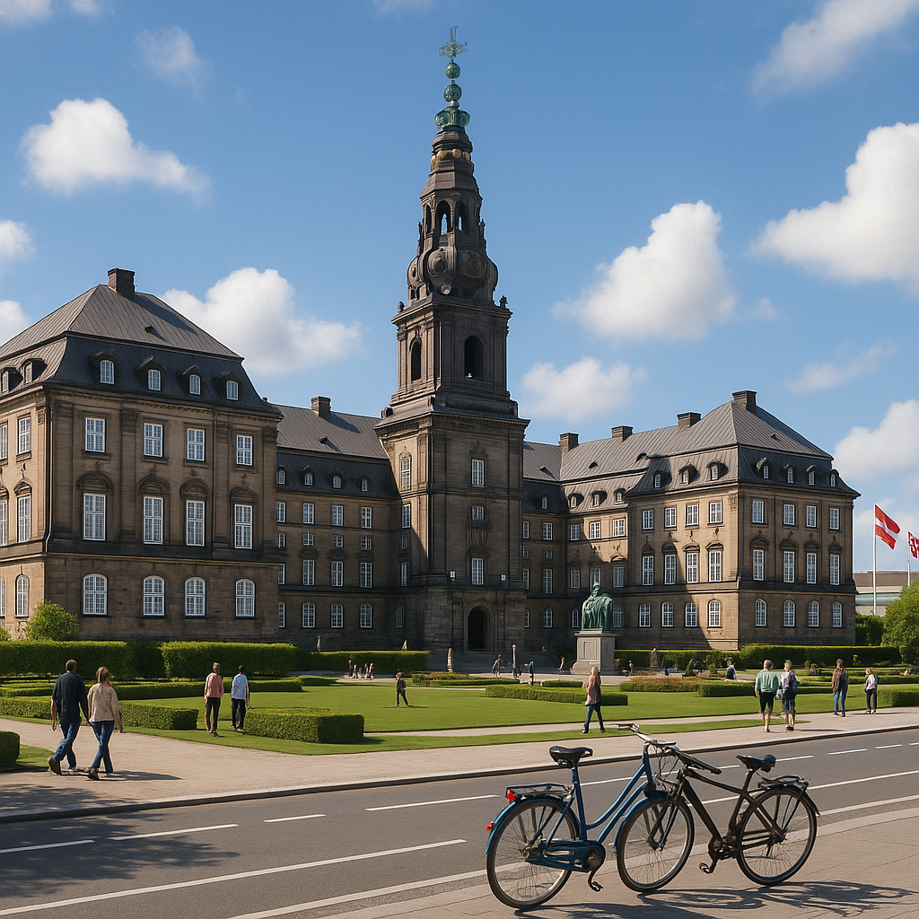 Vue du Palais de Christiansborg à Copenhague avec des jardins et des visiteurs, montrant l'ambiance conviviale de la ville.