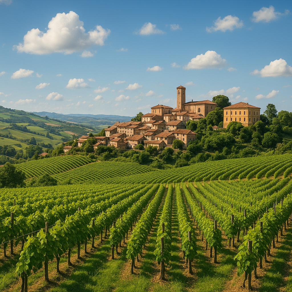 Panorama des collines de Pietra d’Alba avec vignobles et la villa Orsini en arrière-plan.