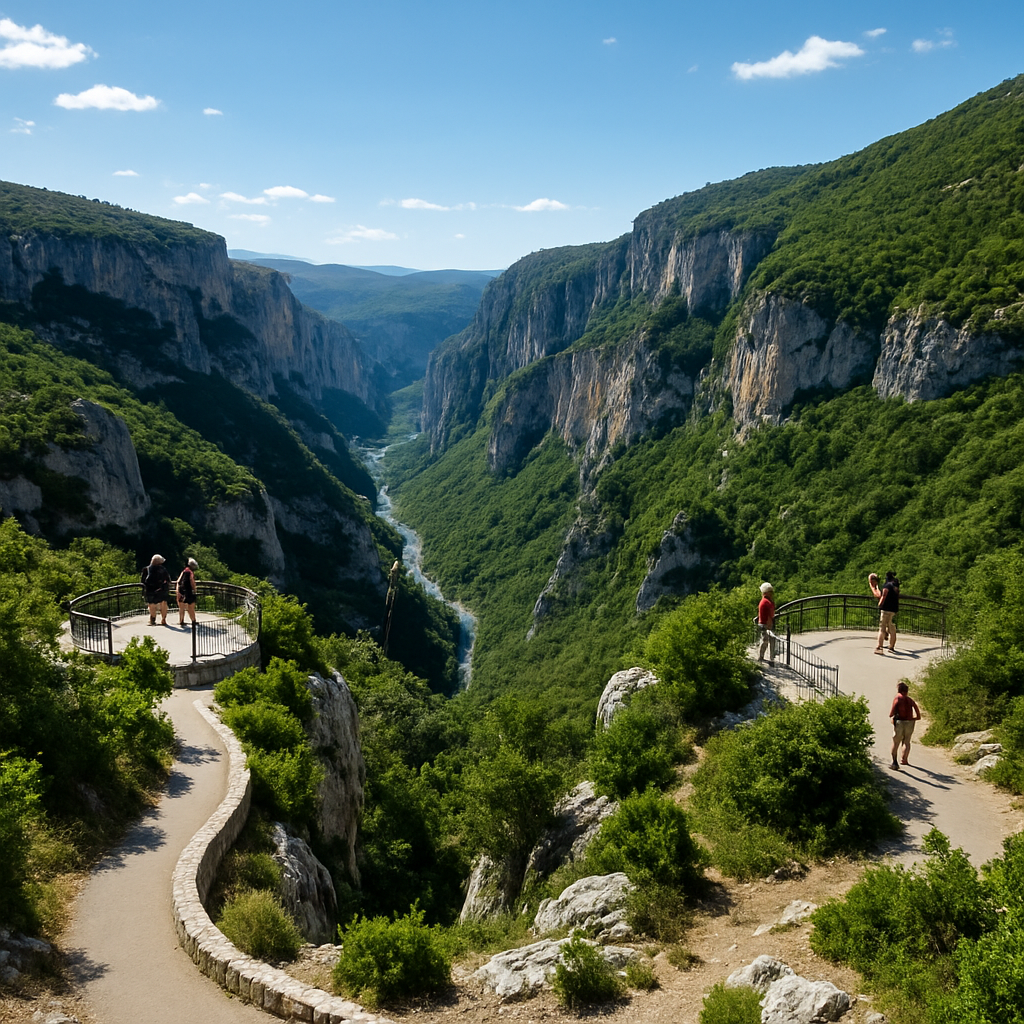 Une vue panoramique des Gorges du Verdon depuis la Route des Crêtes avec des visiteurs admirant le paysage.