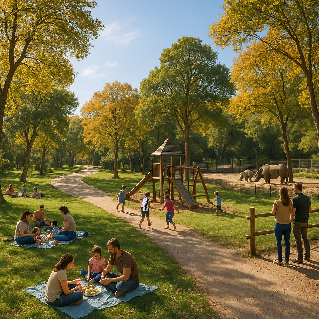 Vue panoramique du Zoo de Lunaret, montrant des familles pique-niquant et observant des rhinocéros dans un environnement naturel.