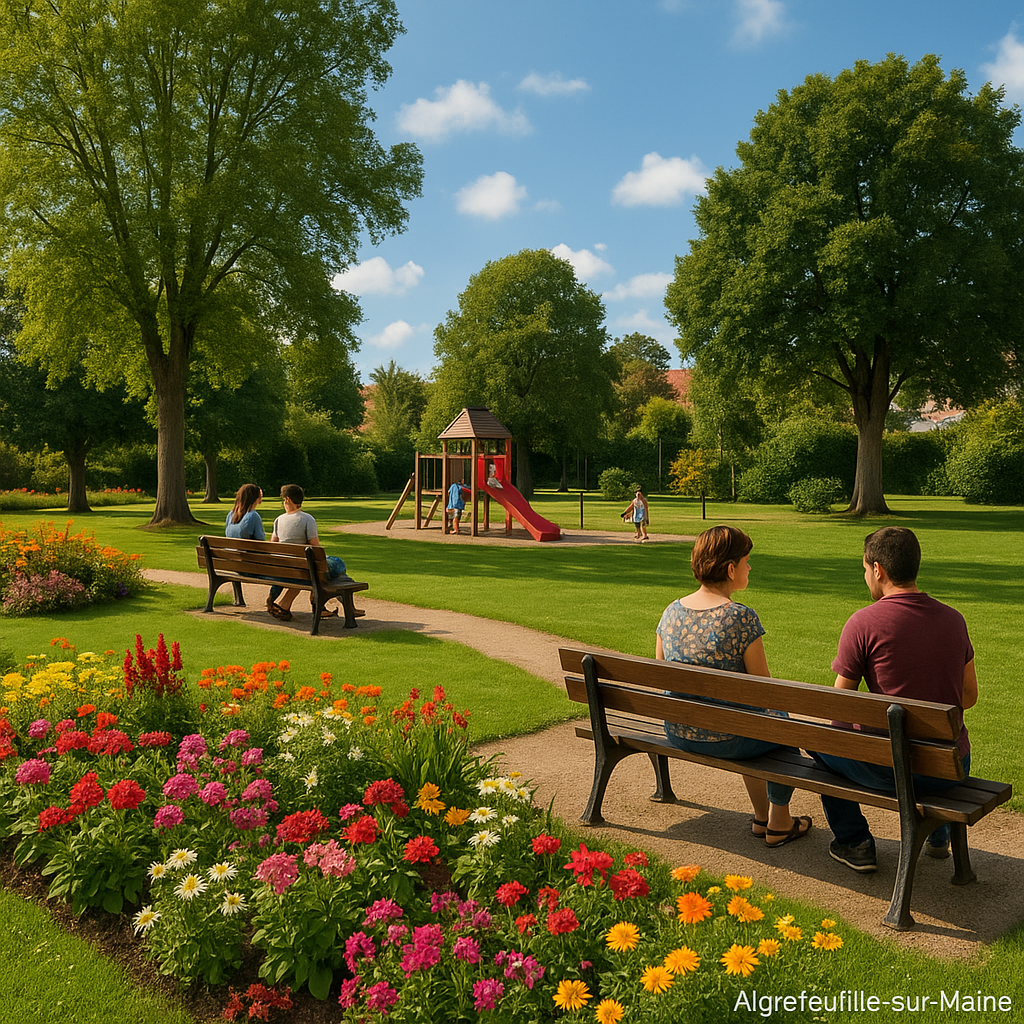 Un parc paisible à Aigrefeuille-sur-Maine, avec des fleurs colorées et des familles se reposant.