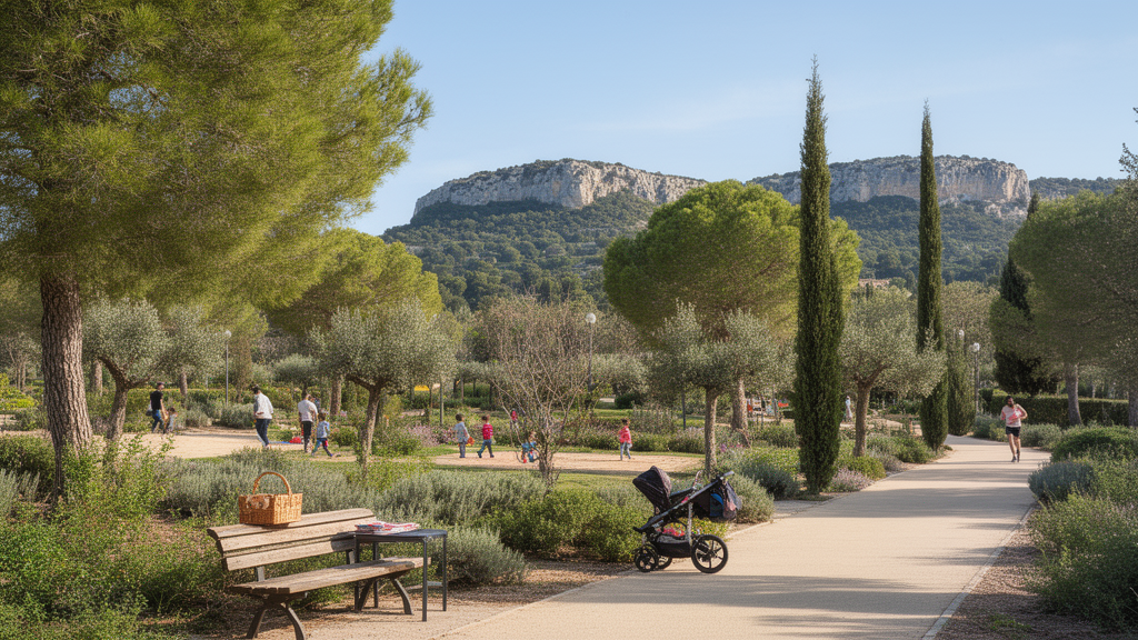Allée ombragée dans un parc à Vitrolles avec familles, promeneurs et végétation méditerranéenne