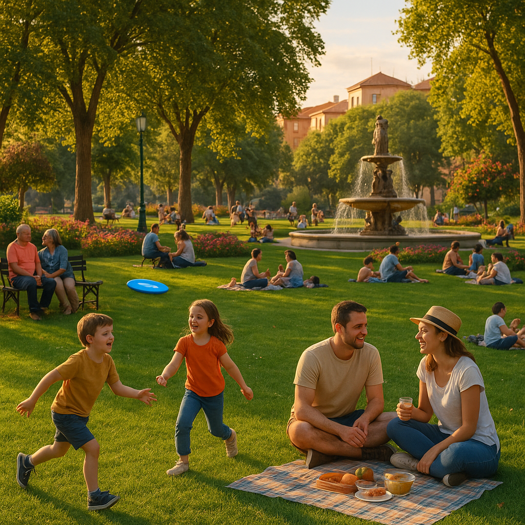 Parc verdoyant d'une ville proche de la frontière espagnole avec des familles se relaxant et des enfants jouant.
