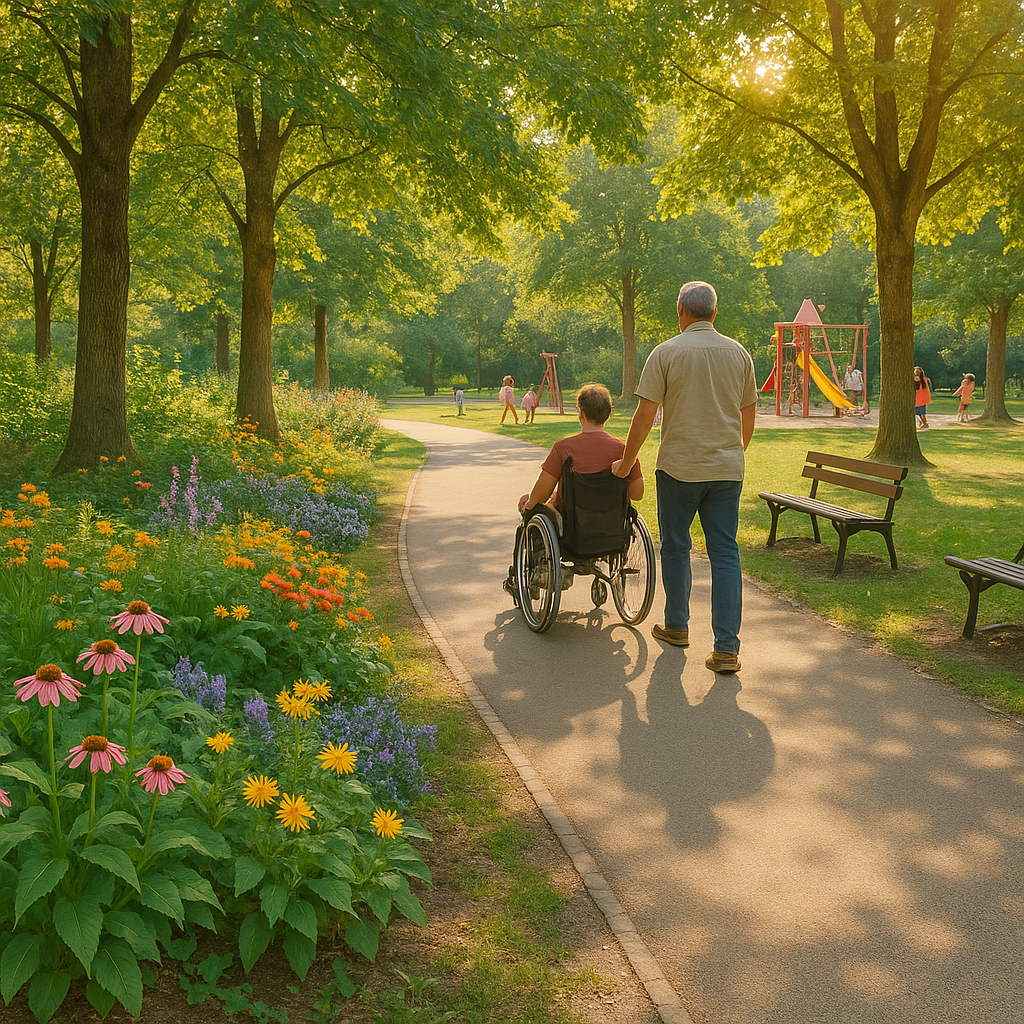 Scène du Parc de la Maourine avec un chemin accessible et des enfants jouant dans les aires de jeux.