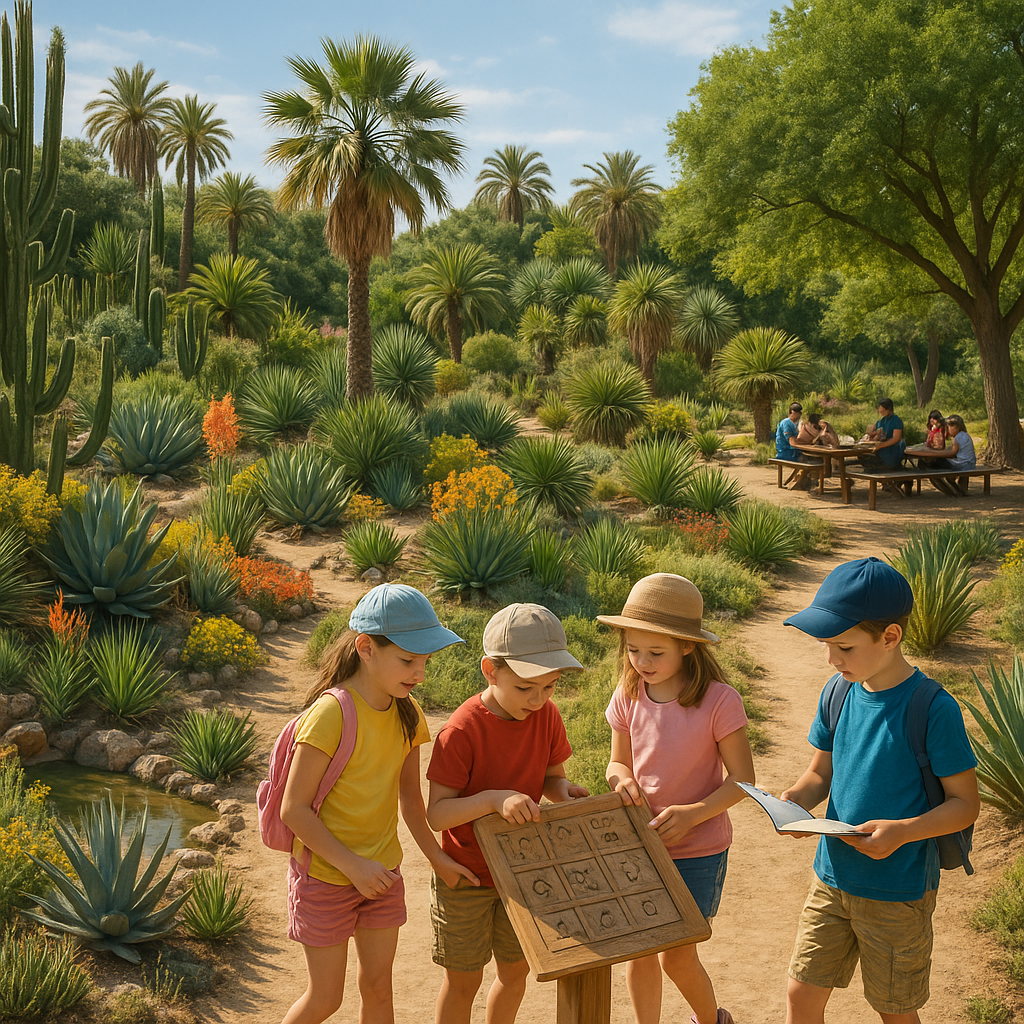Des enfants s'amusent en suivant un parcours d'exploration dans le Jardin Exotique de Ponteilla.