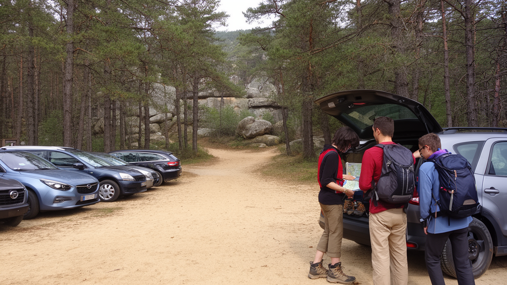 Parking forestier et départ de sentier sableux pour accéder au Cul du Chien à Fontainebleau
