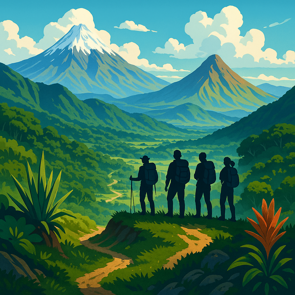 Panorama des paysages des Andes en Équateur avec randonneurs au sommet et végétation locale.