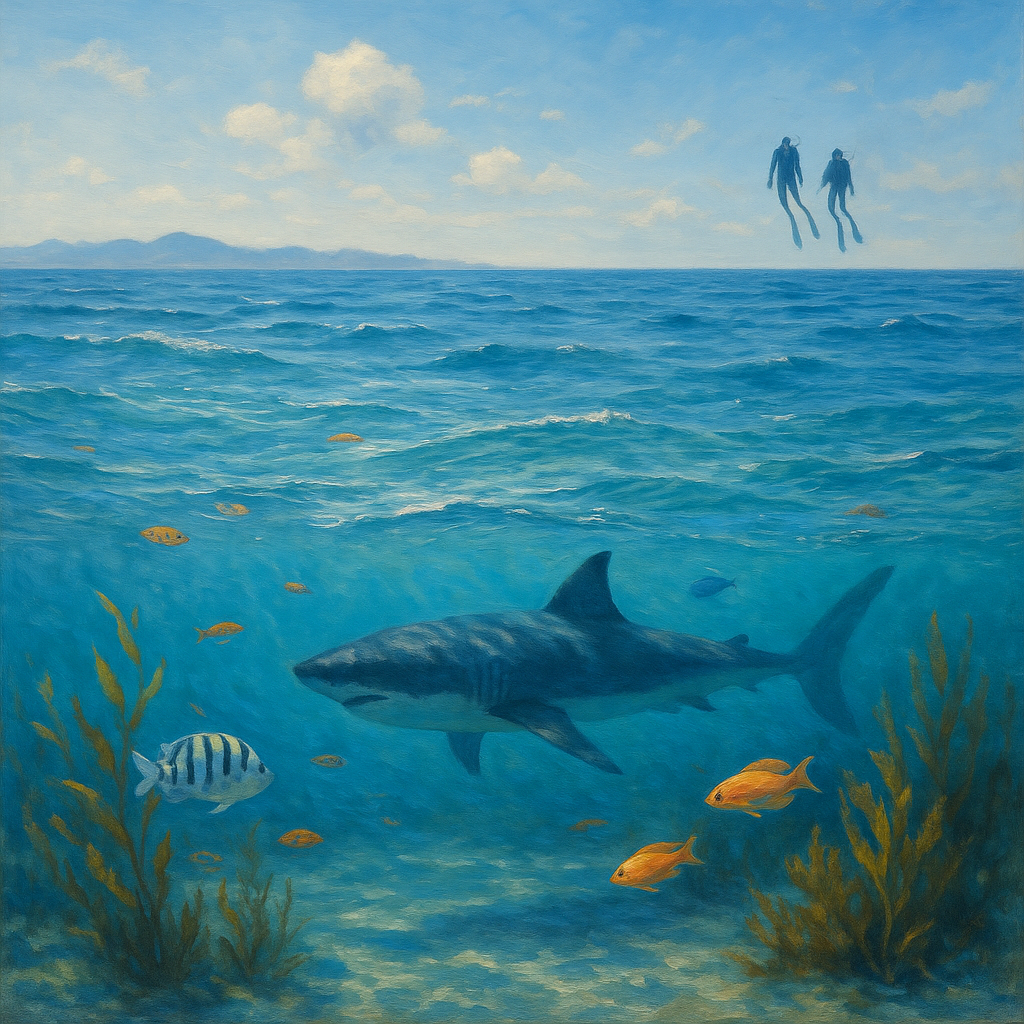 Un paysage marin de la Méditerranée avec un ombre d'un grand requin blanc et des plongeurs en arrière-plan.