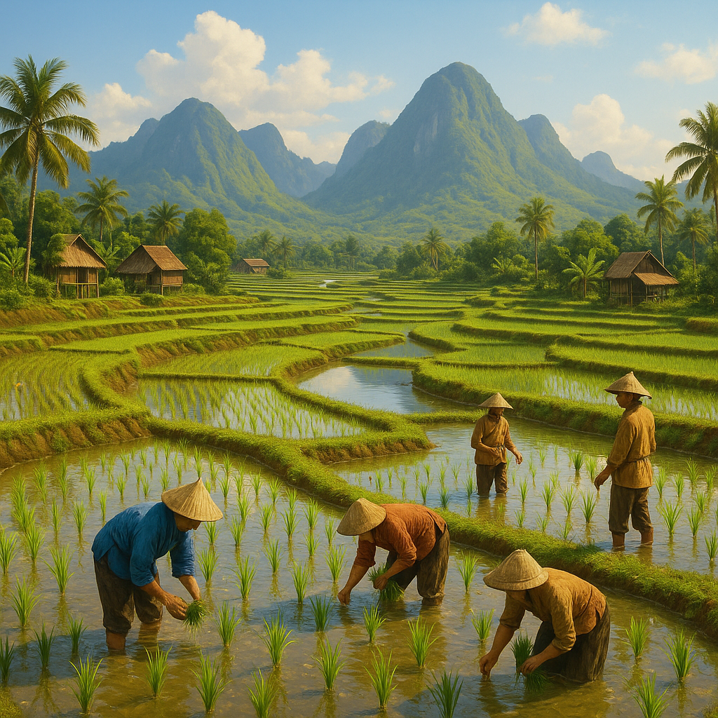 Paysage de rizières en terrasses en Asie du Sud-Est avec des agriculteurs et des montagnes en arrière-plan.