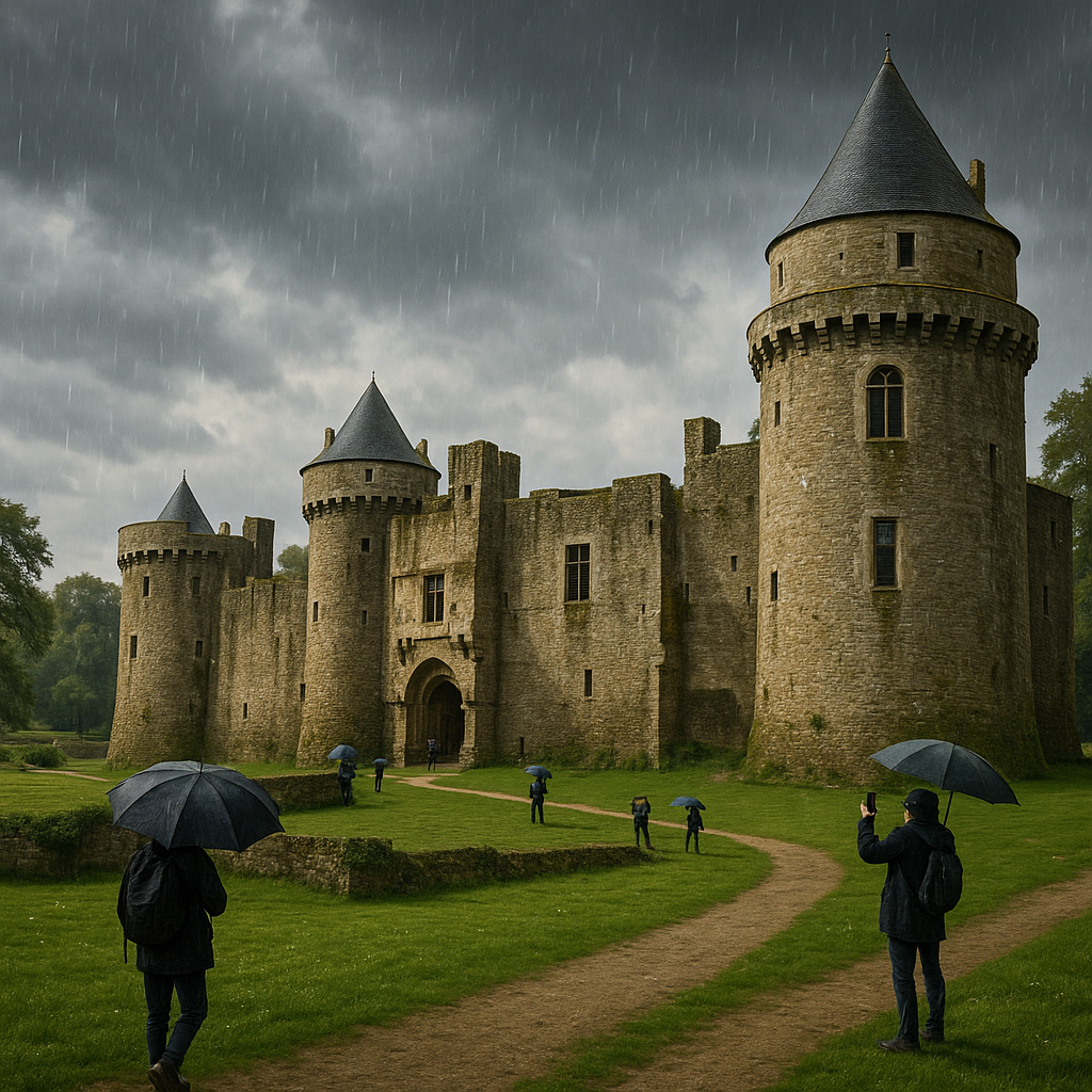 Vue du Château de Ranrouët sous la pluie avec des visiteurs admirant l'architecture.