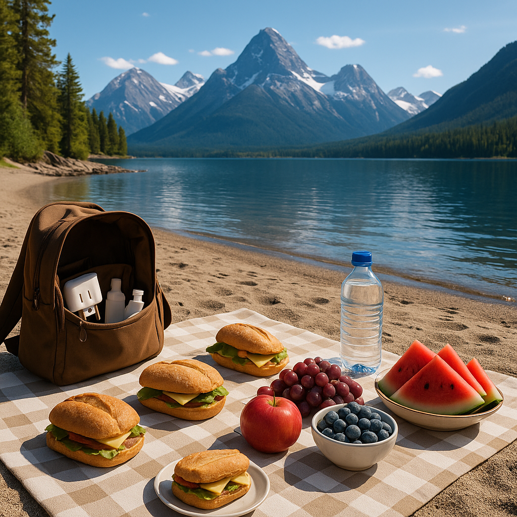 Scène de pique-nique sur une plage canadienne avec paysages de montagnes et lac.
