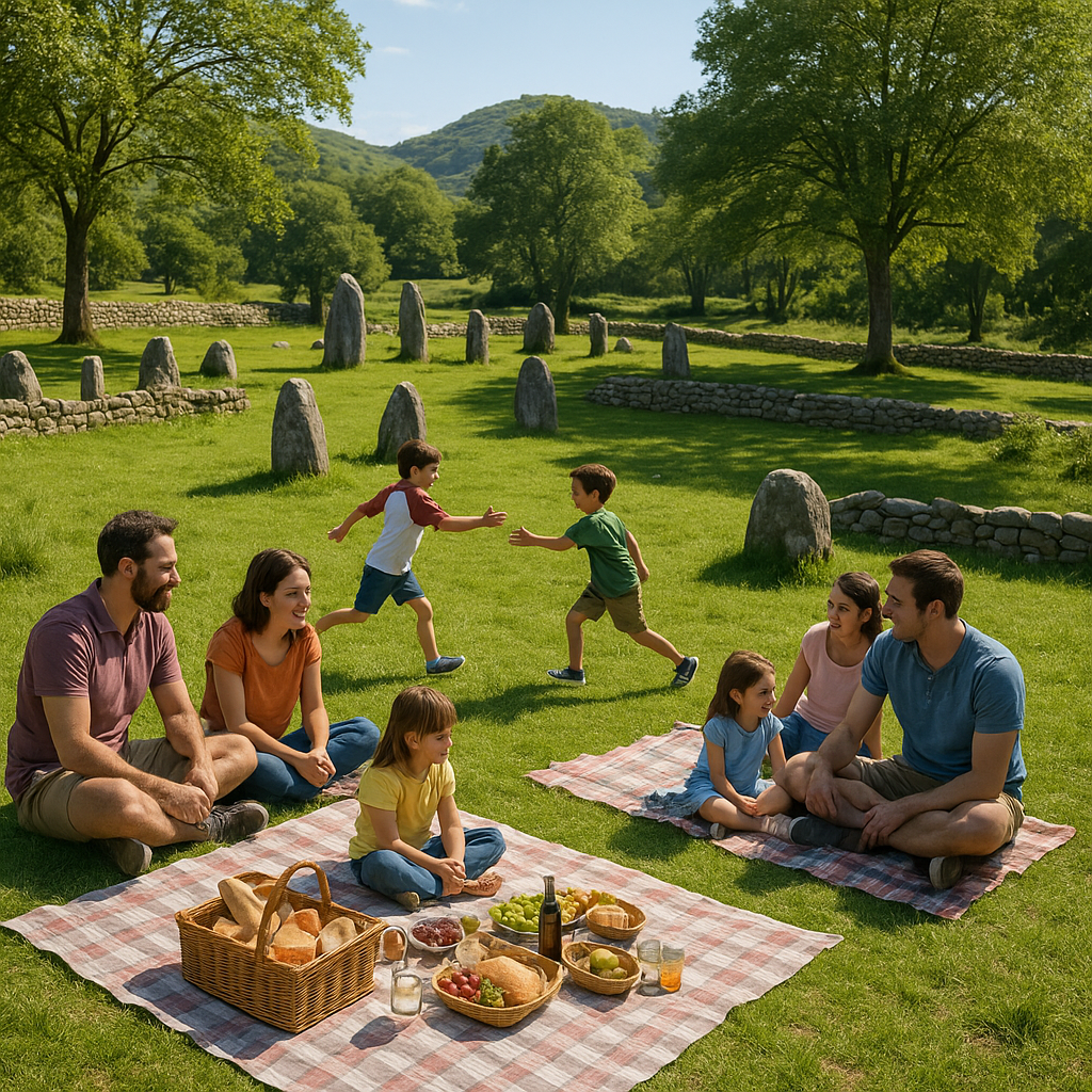 Familles pique-niquant dans le parc mégalithique près des Grottes de Sare, avec une végétation verdoyante en arrière-plan.