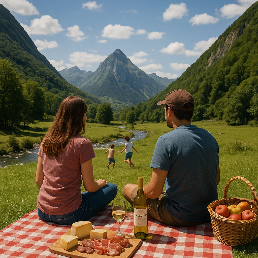 Scène de pique-nique en plein air dans la Vallée d'Aspe avec produits locaux, montagne en arrière-plan