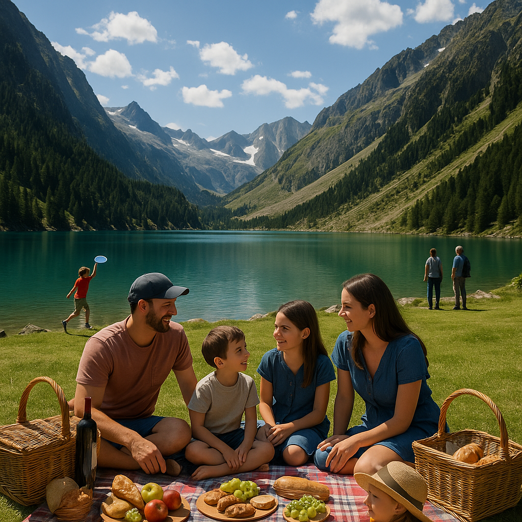 Famille en pique-nique au bord du lac de Gaube avec les montagnes en arrière-plan.