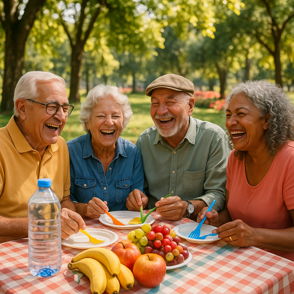 Retraités partageant un pique-nique dans un parc au Portugal, ambiance conviviale.