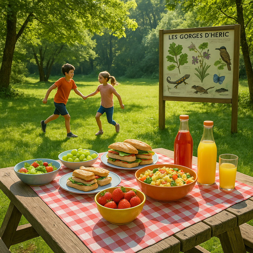 Scène de pique-nique en famille aux Gorges d'Héric avec table, plats colorés et enfants jouant.