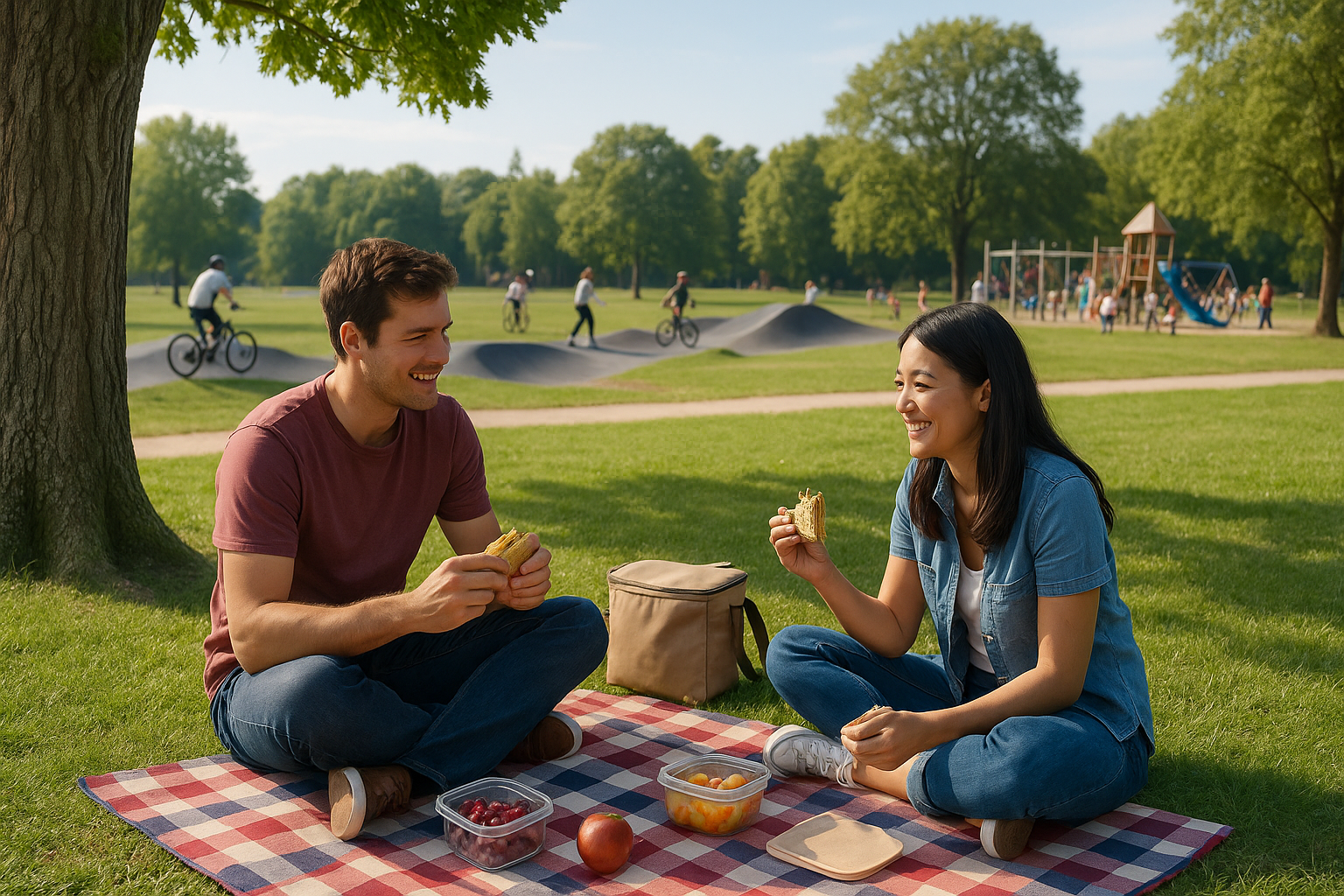 Un couple profitant d'un pique-nique dans le Parc de Gloriette.