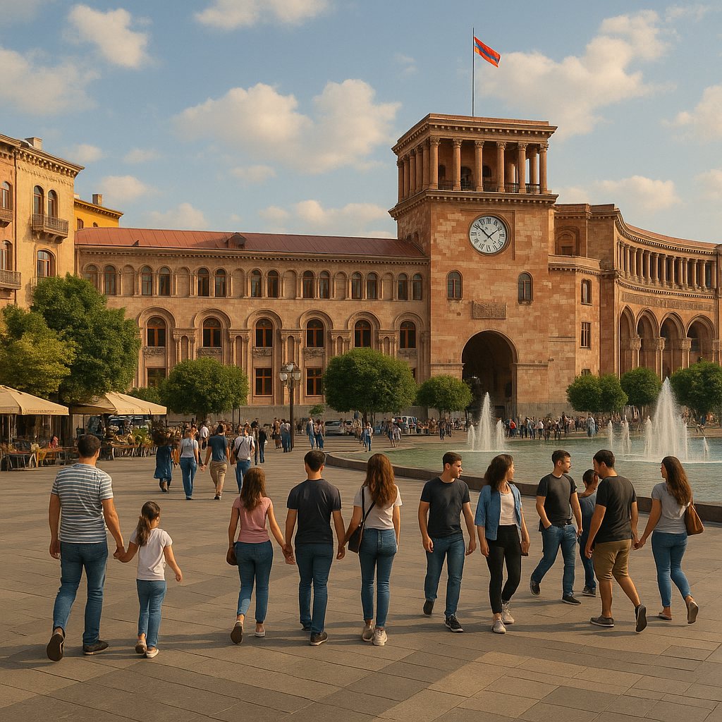 Vue animée de la Place de la République à Erevan avec des gens et des bâtiments colorés.