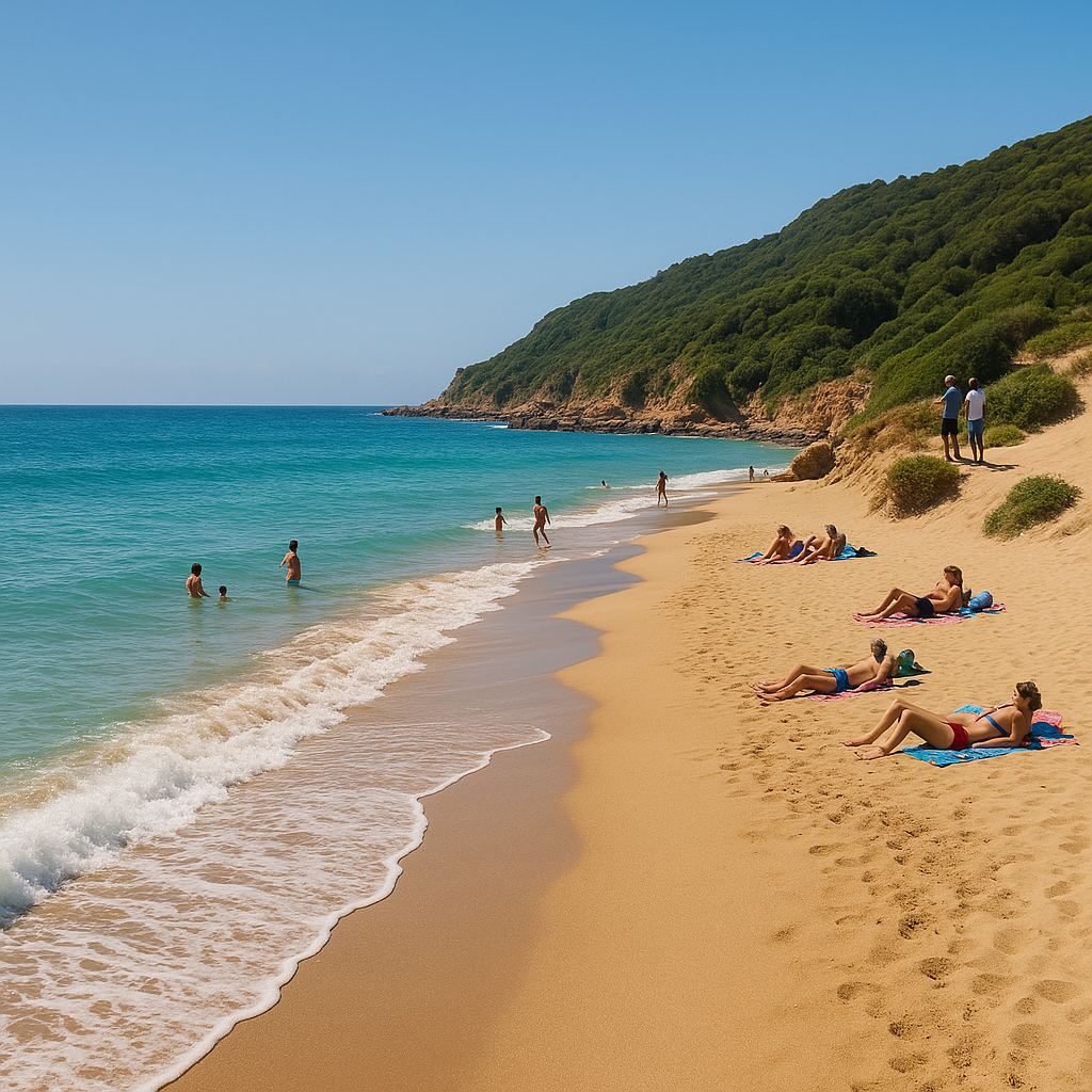 Plage du Cap Spartel à Tanger avec des vacanciers se relaxant sur le sable et profitant de l'océan Atlantique.
