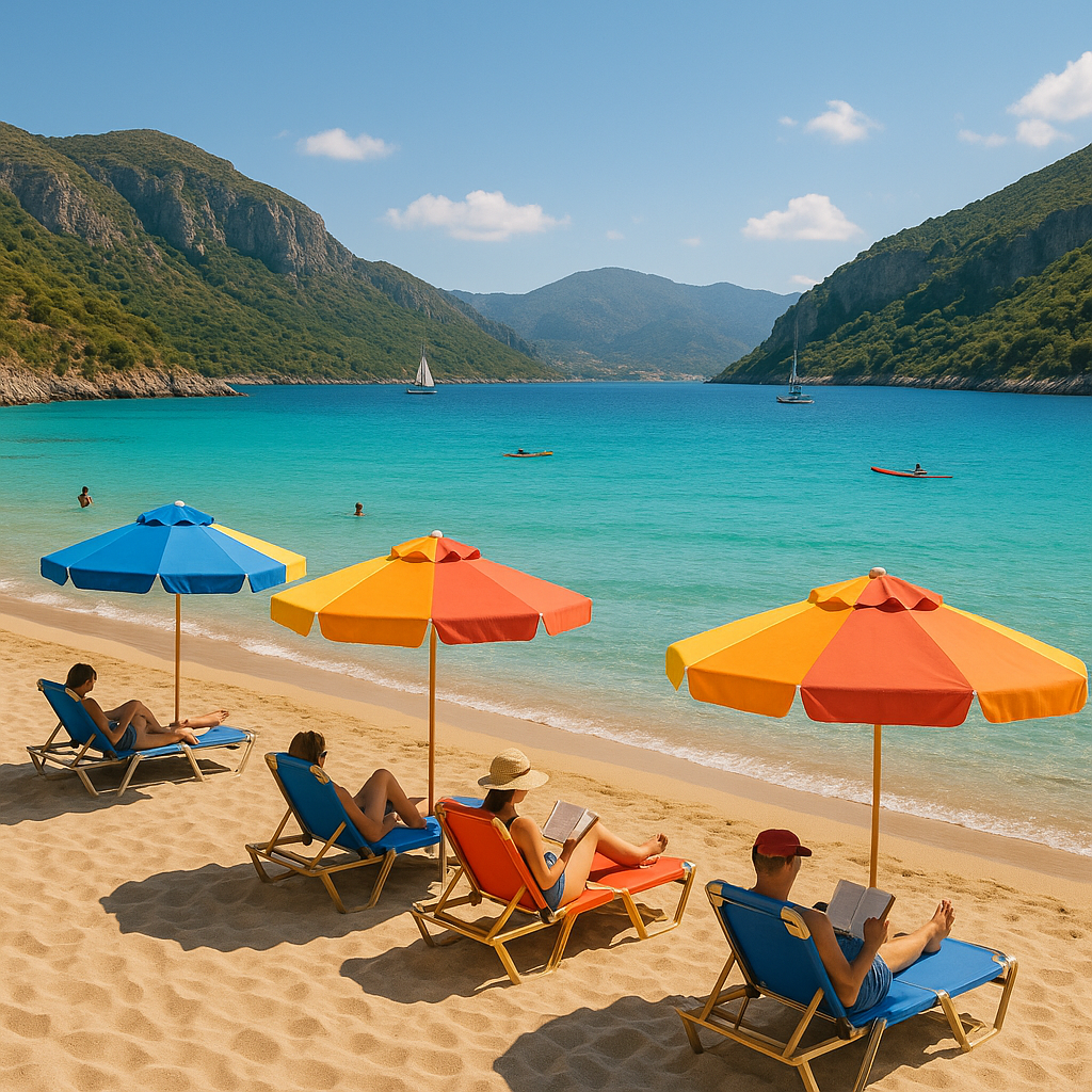 Plage en Crète en Grèce avec des transats colorés, des vacanciers se relaxant, des eaux turquoise et des montagnes en arrière-plan.