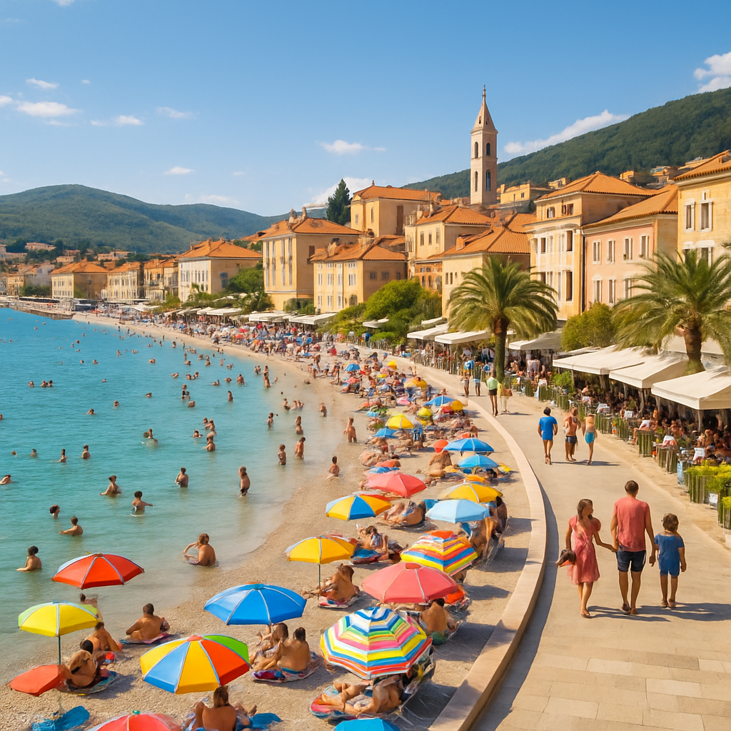 Plage ensoleillée en Croatie avec des baigneurs, parasols colorés et des cafés animés en arrière-plan.