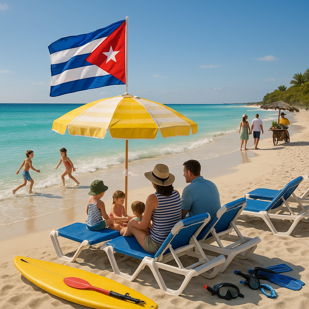 Plage animée à Cuba en décembre avec des familles profitant du soleil et des activités nautiques.