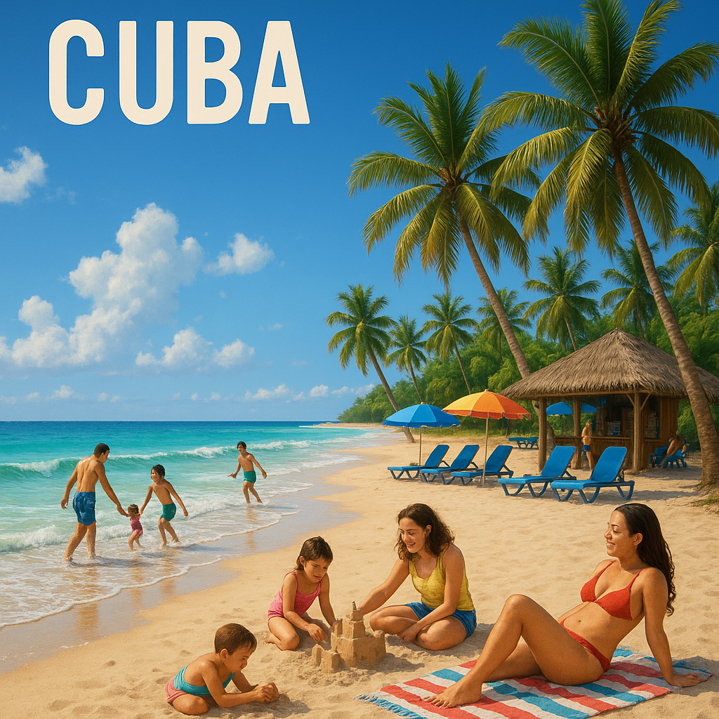 Scène de plage animée à Cuba, illustrant la détente et le plaisir au bord de la mer.