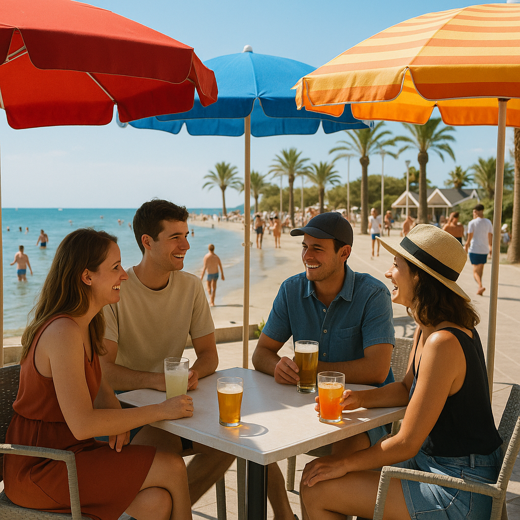 Scène animée à la Plage du Levant à La Grande-Motte avec des amis profitant d'une boisson en terrasse.
