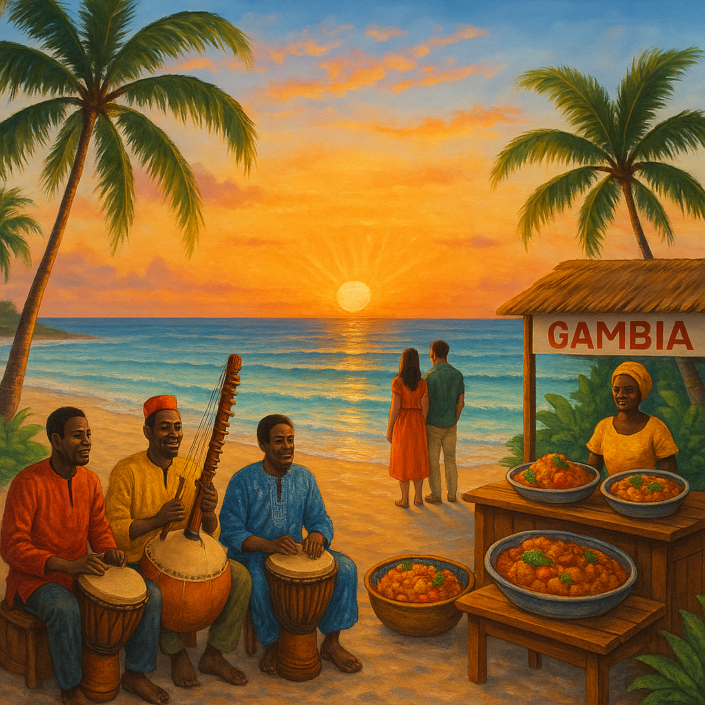 Plage paradisiaque en Gambie avec des musiciens traditionnels et des plats locaux.