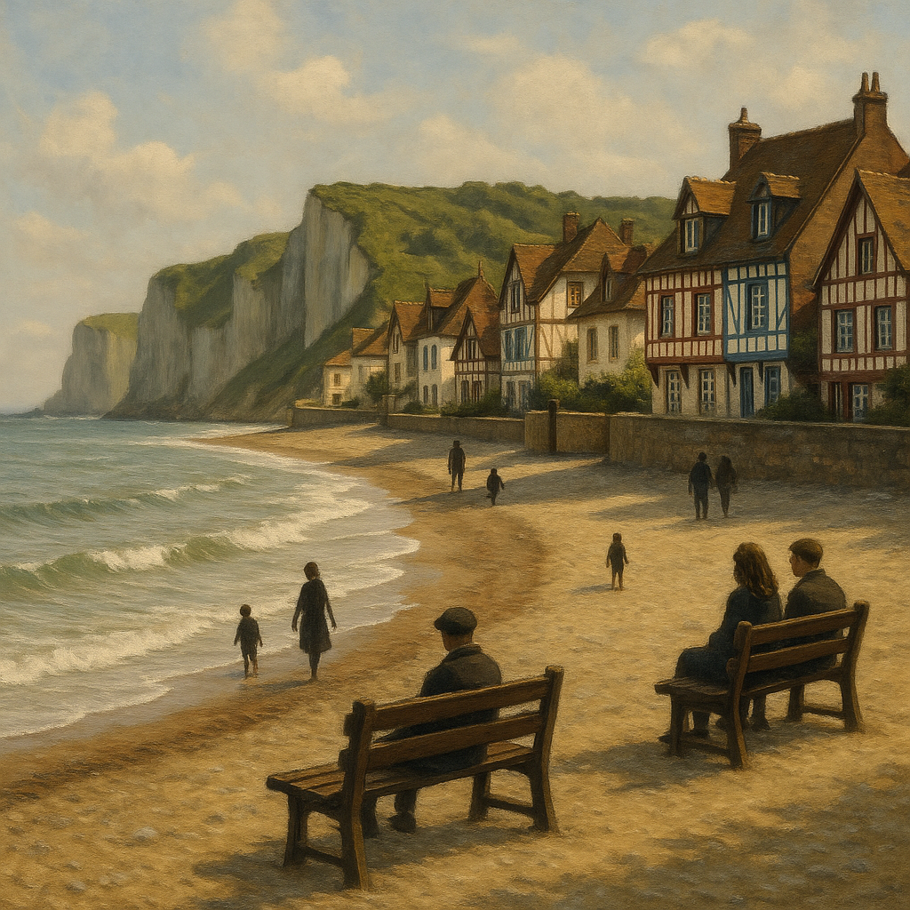 Plage tranquille d'un village normand avec maisons à colombages, falaises et personnes profitant de la mer