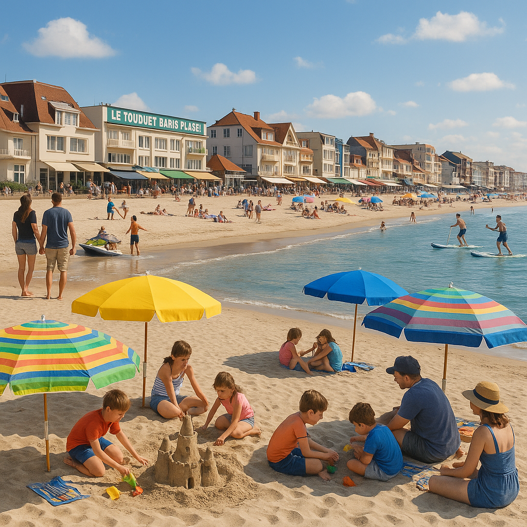 Scène de la plage du Touquet-Paris-Plage avec des familles, activités nautiques et une ambiance estivale.