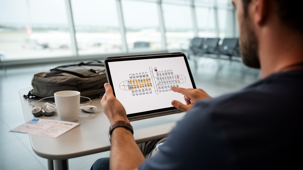 Voyageur consultant un plan de cabine sur une tablette pour vérifier le nombre de places dans un avion avant son vol.