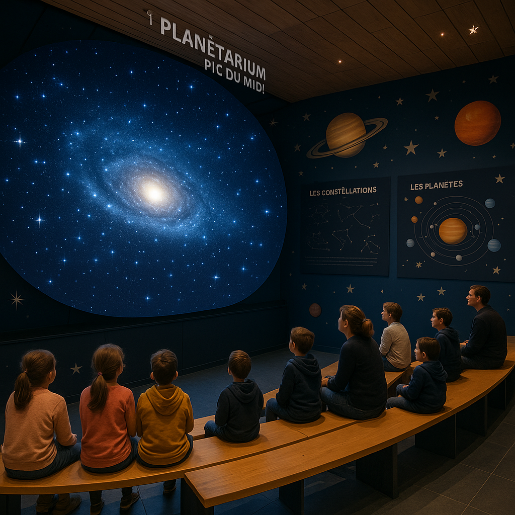 Intérieur du planétarium du Pic du Midi avec des visiteurs émerveillés par un spectacle astronomique.