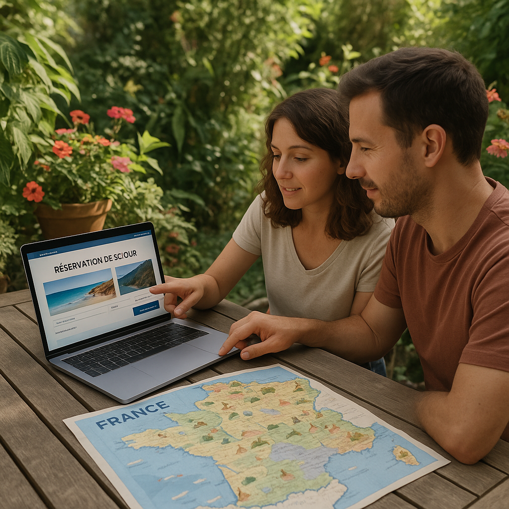 Couple préparant leurs vacances sur un ordinateur portable en extérieur, entouré de verdure.