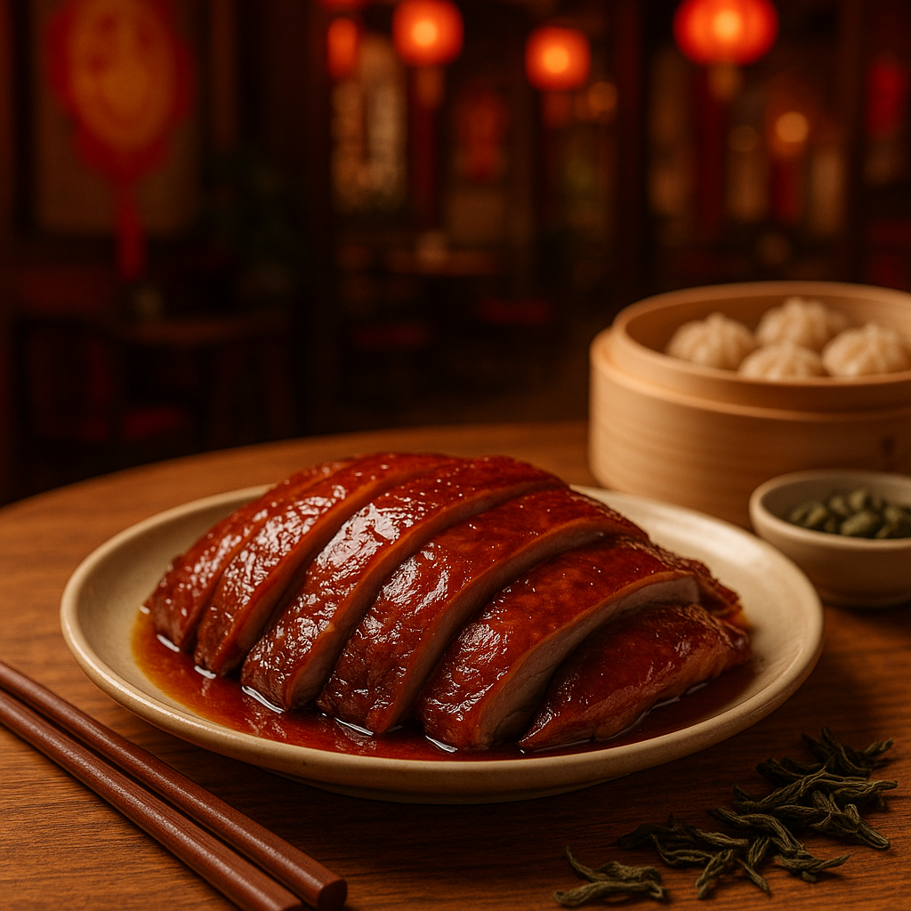 Gros plan d'un plat traditionnel chinois avec canard laqué et dim sum dans un restaurant de Chinatown à Londres.