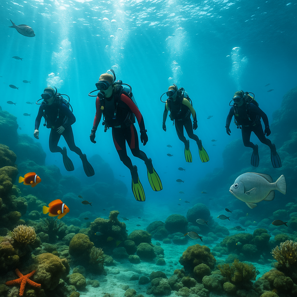 Groupe de plongeurs explorant les fonds marins en Crète.