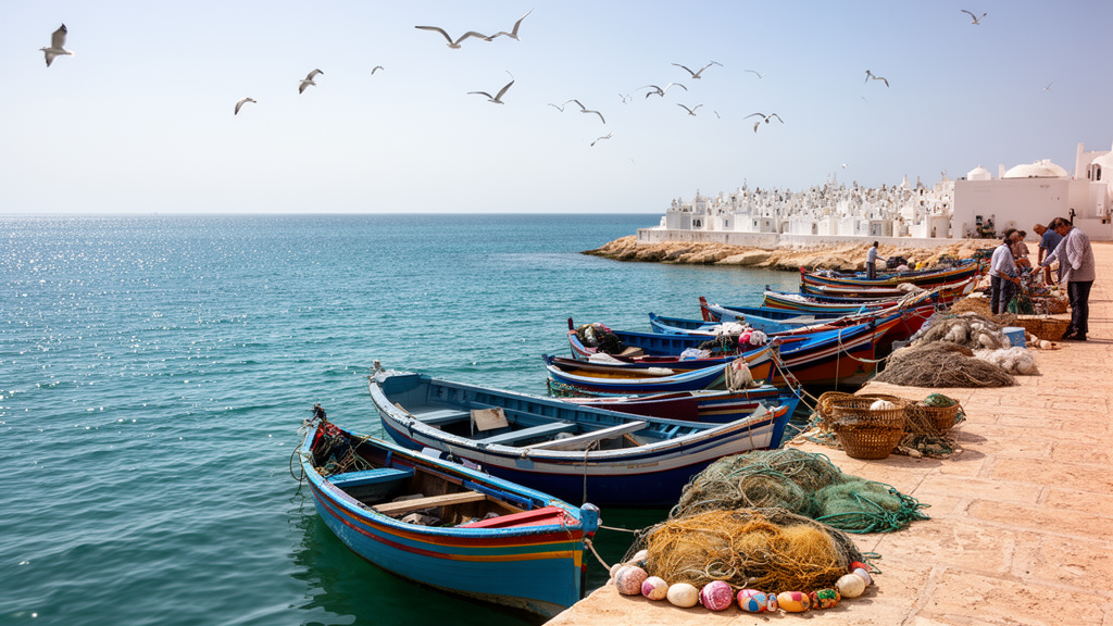 Port de pêche d’Al Mahdiya avec barques traditionnelles, filets et cimetière marin en bord de mer