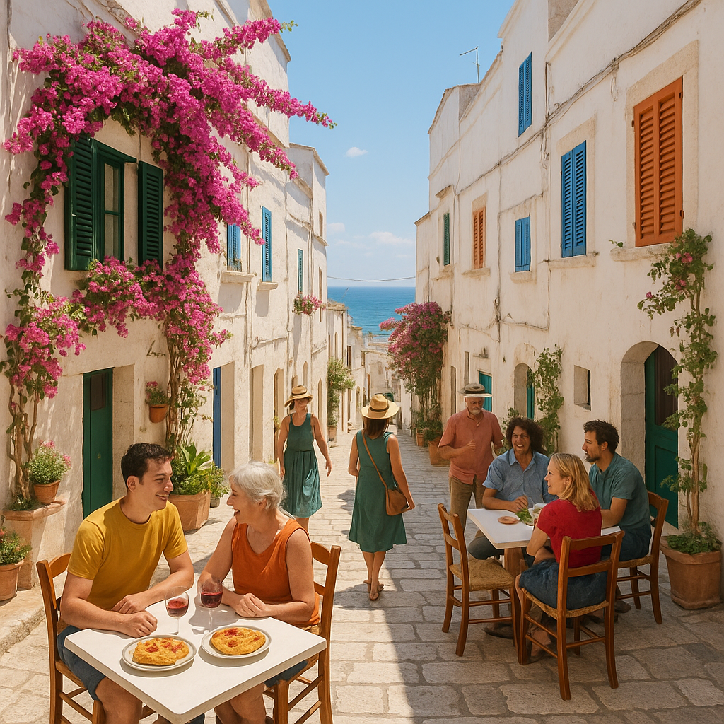 Ruelle pittoresque d'Ostuni avec des maisons blanches et des visiteurs dégustant des plats locaux.