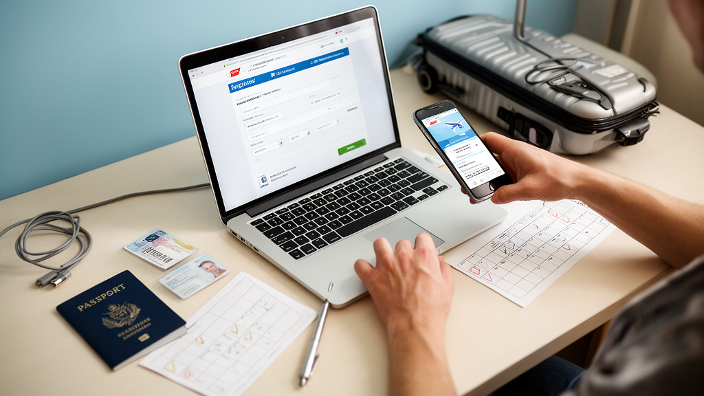Préparation de l’enregistrement Ryanair en ligne avec ordinateur, carte d’embarquement mobile, passeport et valise cabine