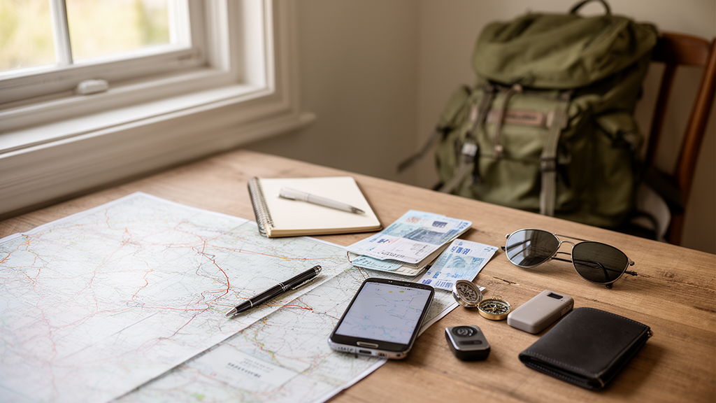 Préparation organisée d’un voyage à Slouk avec carte, carnet, téléphone, sac à dos et accessoires pratiques sur une table.
