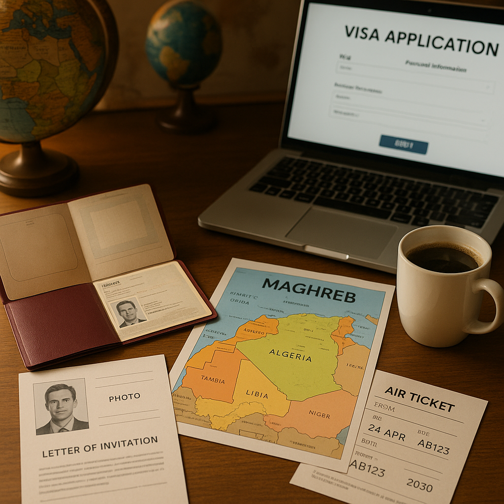 Documents de voyage et passeport sur une table pour une demande de visa pour le Maghreb