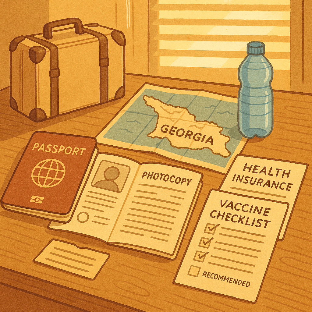 Documents de voyage pour la Géorgie, incluant passeport, liste de vaccins et assurance maladie sur une table