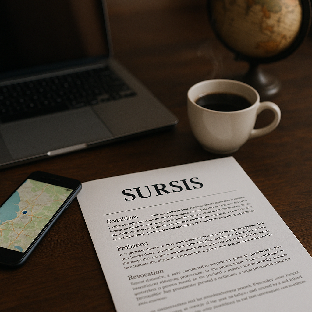 Document juridique sur le sursis avec un ordinateur et une tasse de café.