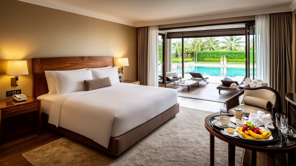 Suite d’hôtel de luxe avec room service, terrasse, piscine et ambiance bien-être haut de gamme